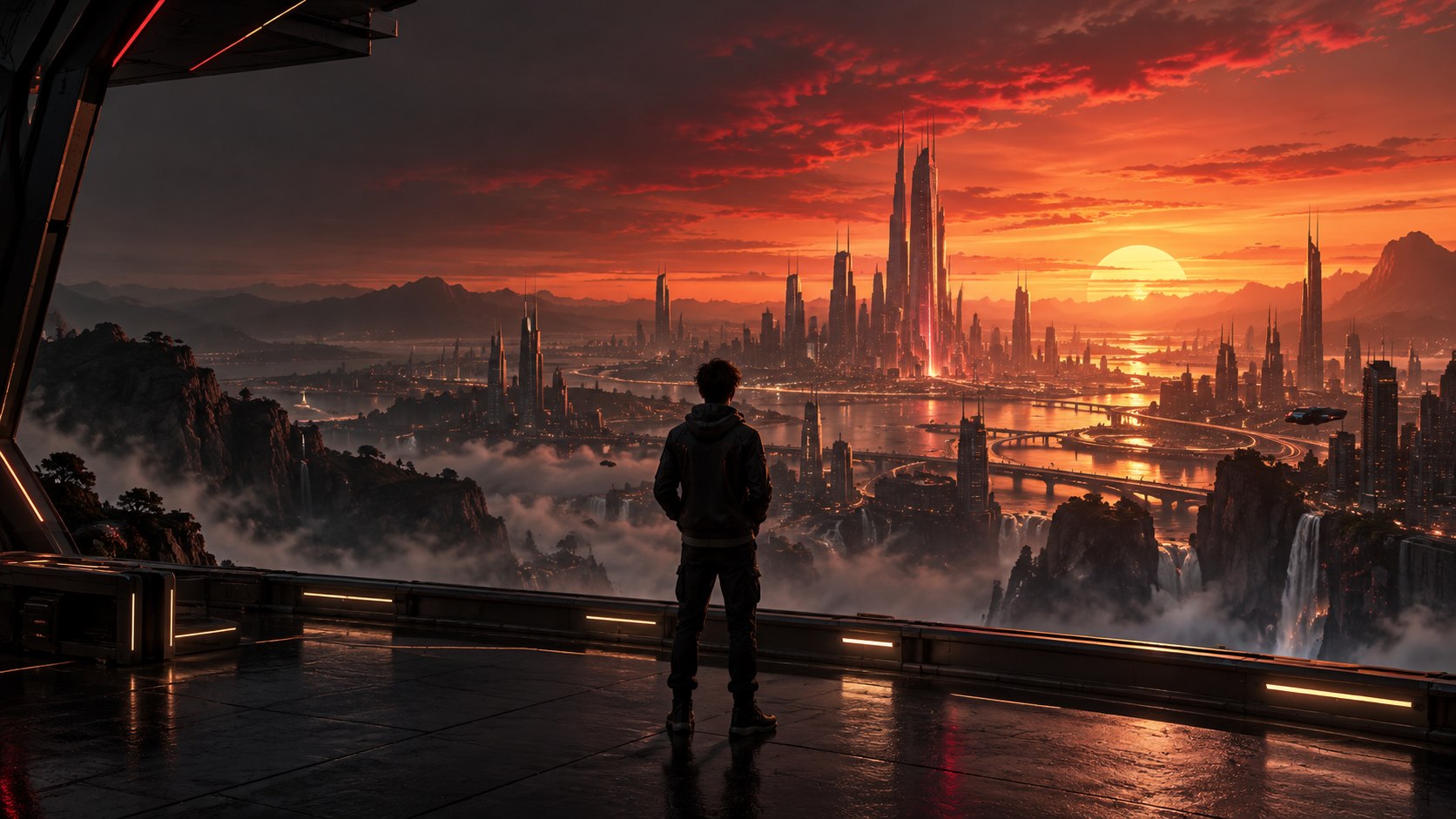 Pessoa observando uma cidade tecnológica futurista